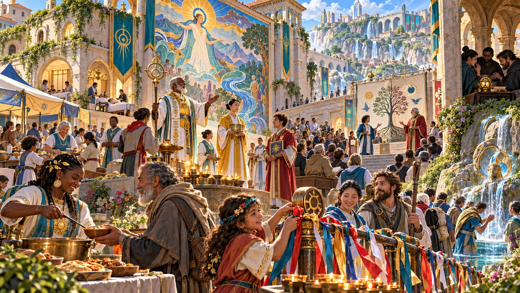 Fantasy illustration of neighbours sharing religious practice, clergy and distinct readings in a fictional temple quarter