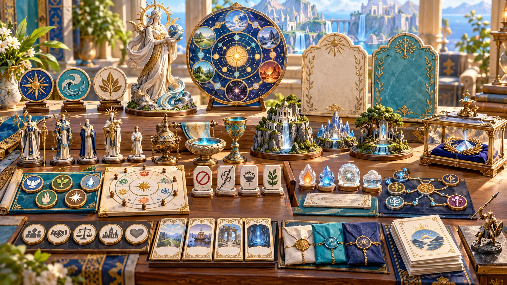 Fantasy illustration of religious symbols, clergy, sacred places, relics and teachings arranged as a faith dossier