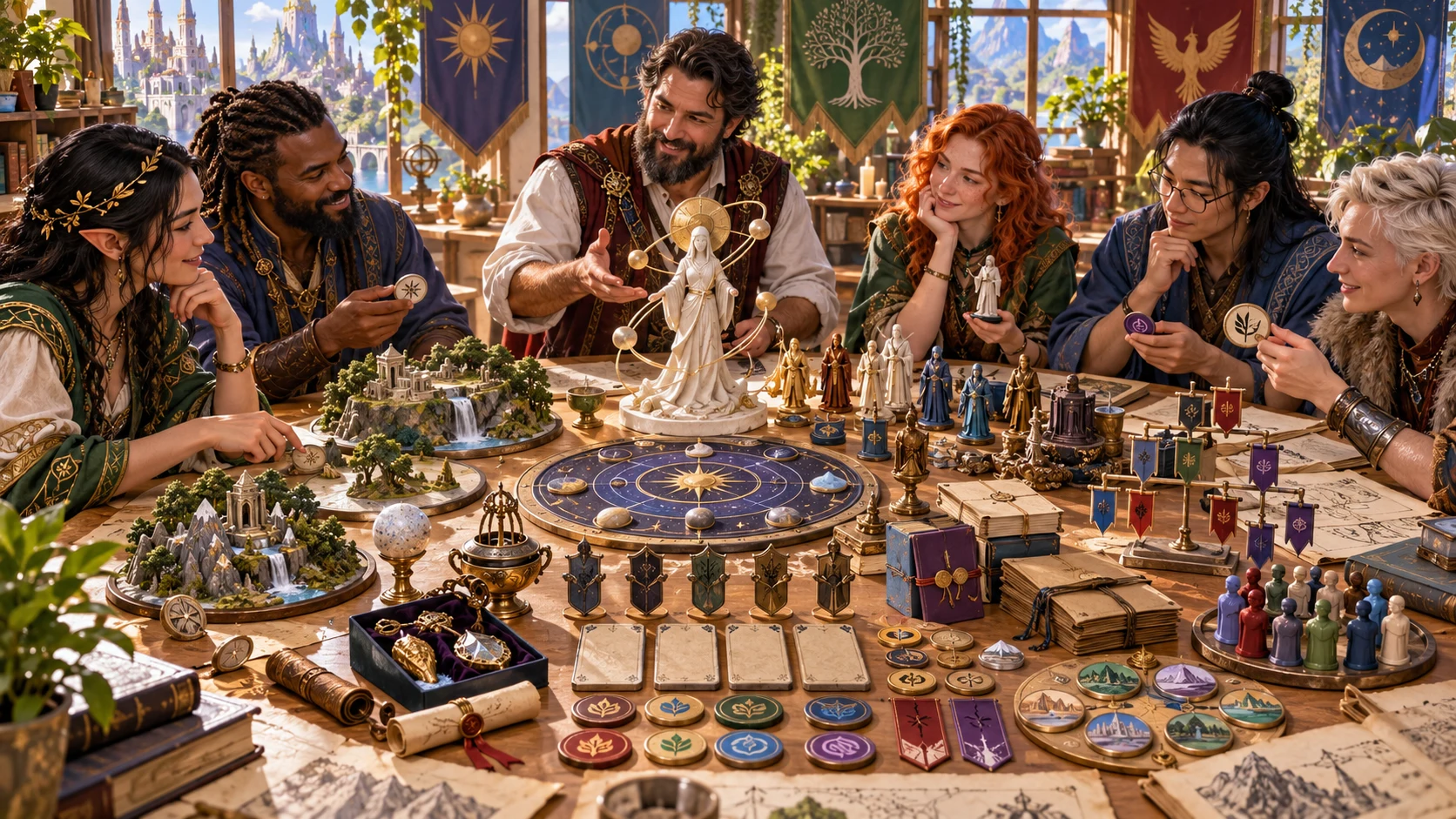 Fantasy illustration of tabletop companions discussing fictional faith symbols, sacred places, clergy and rites